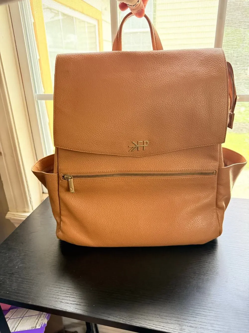 Freshly Picked Tan Faux Leather Diaper Bag Backpack Convertible Gold Hardware
